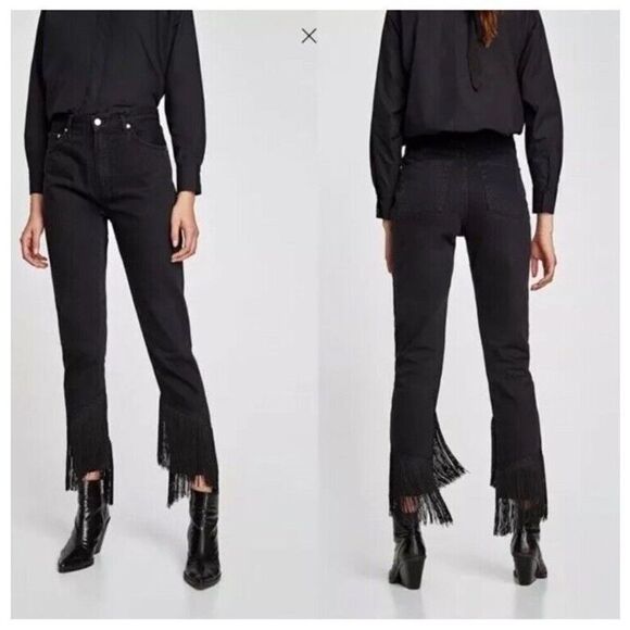Zara Women’s Premium Denim Collection High Rise Fringe Black Jeans 10 country - Picture 3 of 9